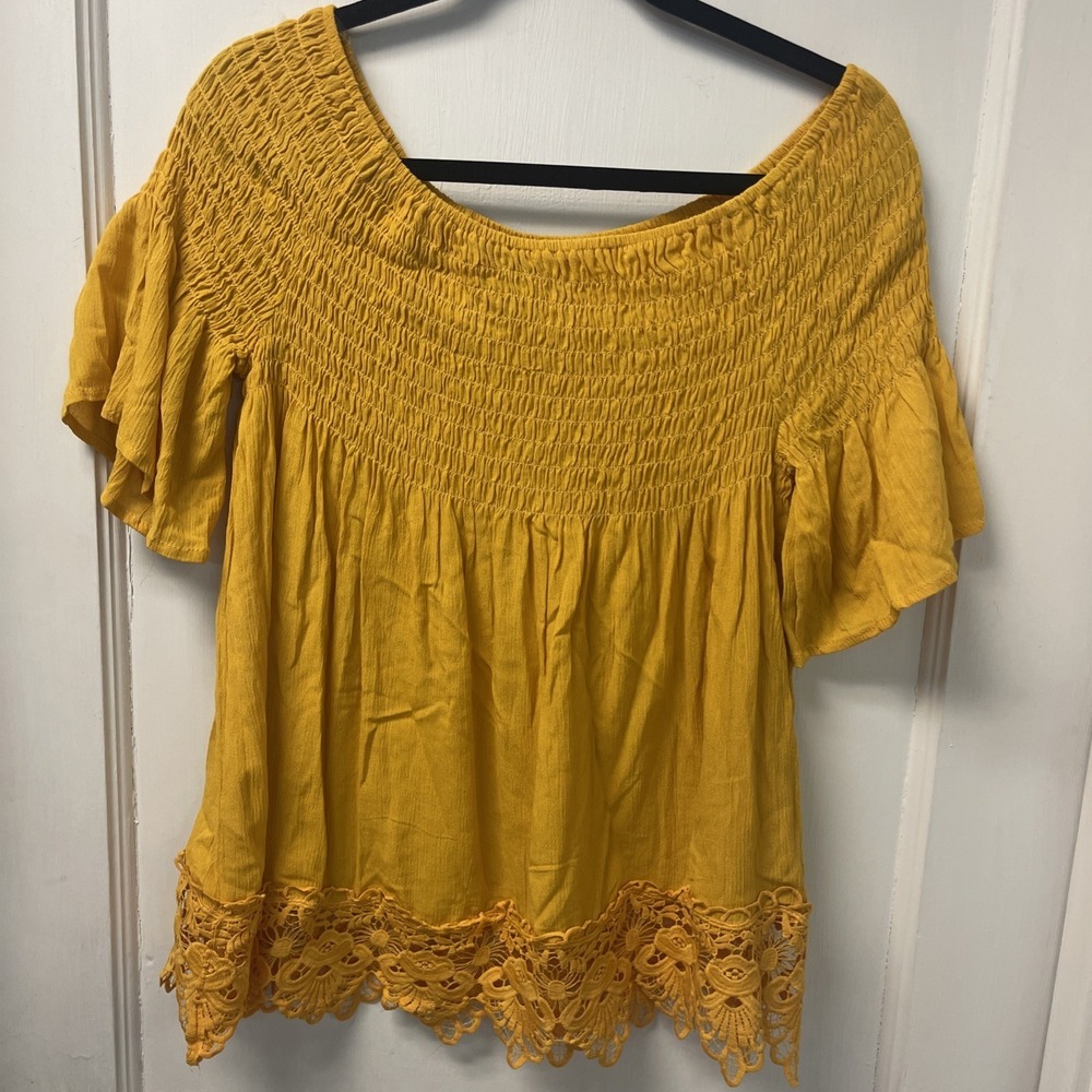 Rue 21 Lace Hem Smocked Top Womens M Mustard Yellow Flowy Cottage Summer Boho
